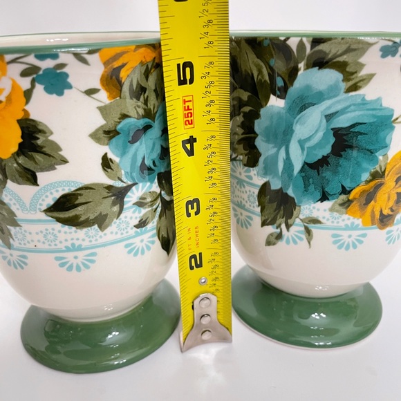 2 Authentic The Pioneer Woman Rose Shadow 18-Ounce Footed Latte Mug White Green - Picture 2 of 9